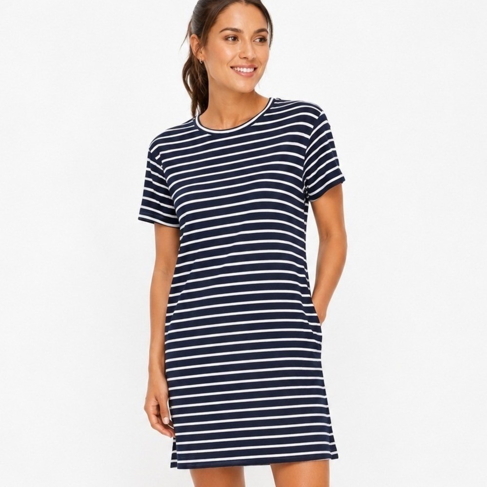 TASC Performance All Day T-Shirt Dress Navy White Striped Bamboo Cotton Womens M